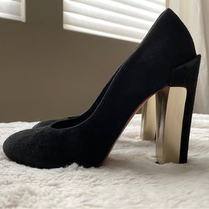 Black Suede and Silver Metal Brian Atwood Pumps